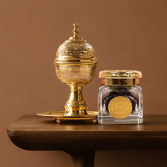 بخور عود معطر بوكيت الذهبي مع مبخرة نحاسية